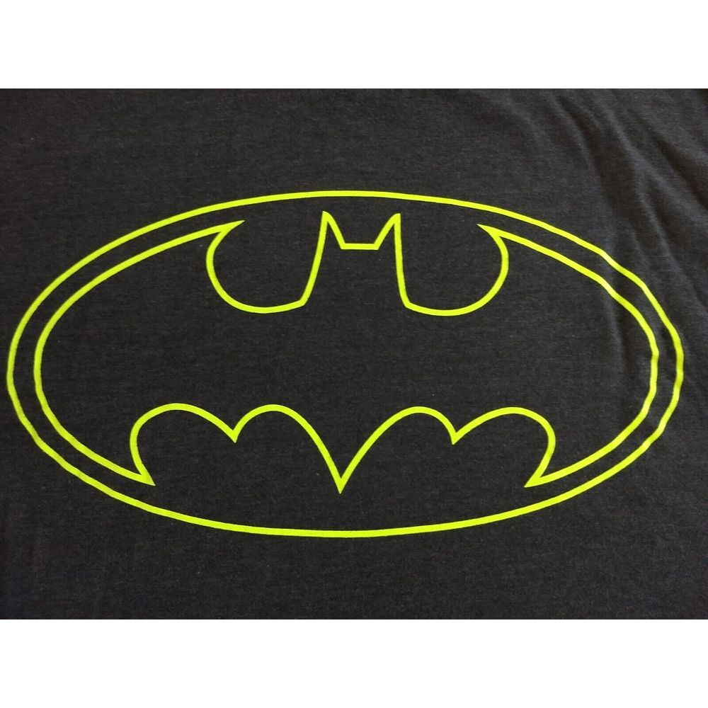 Batman Long Sleeve T-Shirt Mens M Heather Gray Neon Yellow Logo DC Comics - Picture 3 of 14